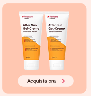 “Due confezioni di Redcare Derma After Sun Gel-Crème Sensitive Relief su sfondo rosa con pulsante ‘Acquista ora’.” “Due confezioni di Redcare Derma After Sun Gel-Crème Sensitive Relief su sfondo rosa con pulsante ‘Acquista ora’.”
