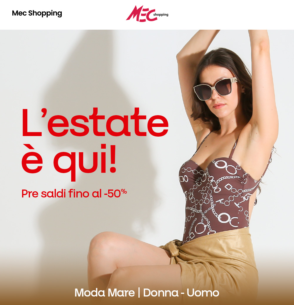 Woman modelling brown chain‑print swimsuit and sunglasses with beige wrap skirt, arms raised beside red Italian summer sale text