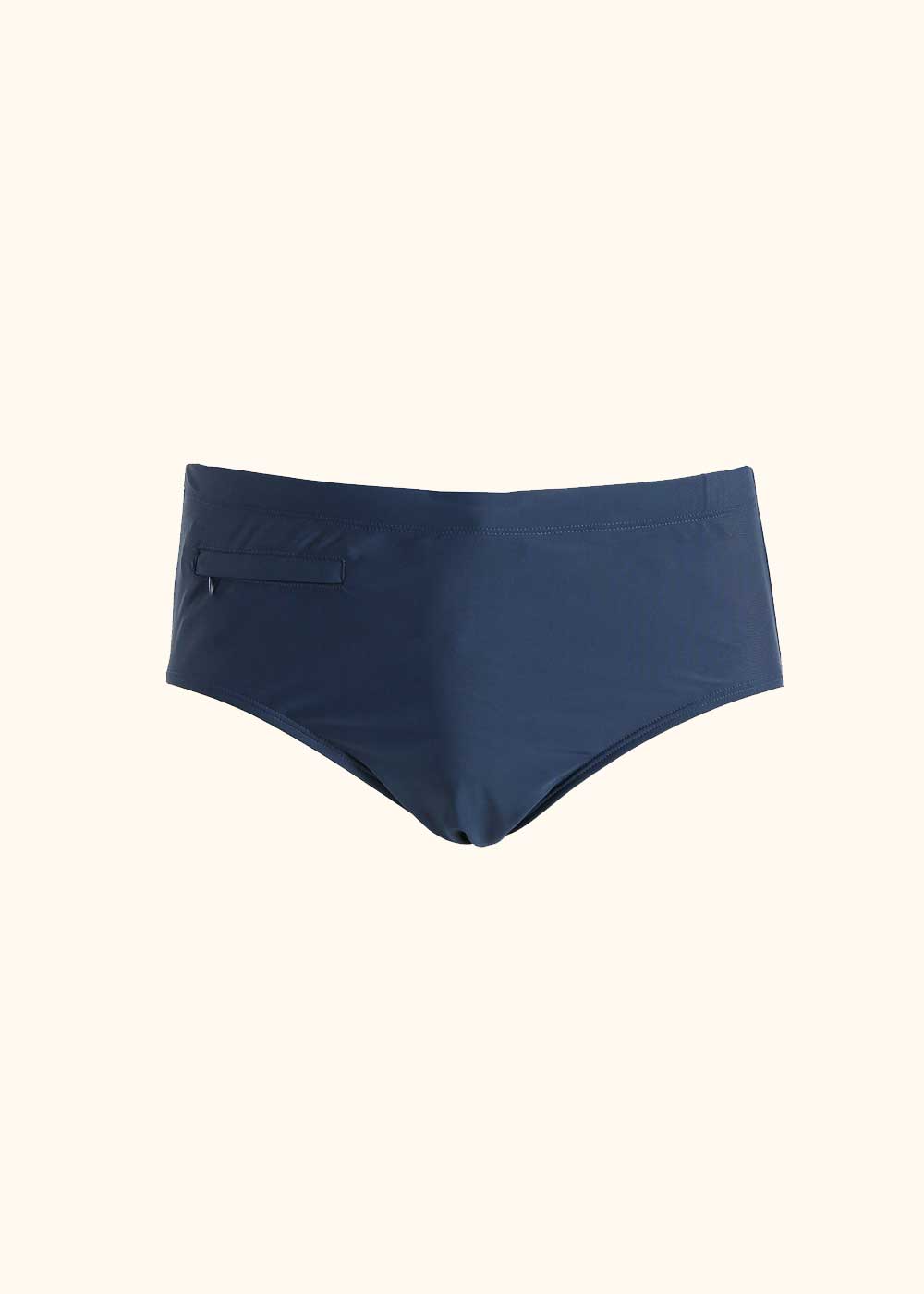 Navy men's swim briefs, low-rise cut with small side pocket on left hip and smooth front for swimming