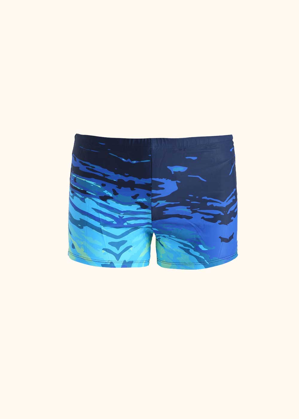Men's blue swim shorts with turquoise and navy wave pattern, square-cut swim trunks for swimming
