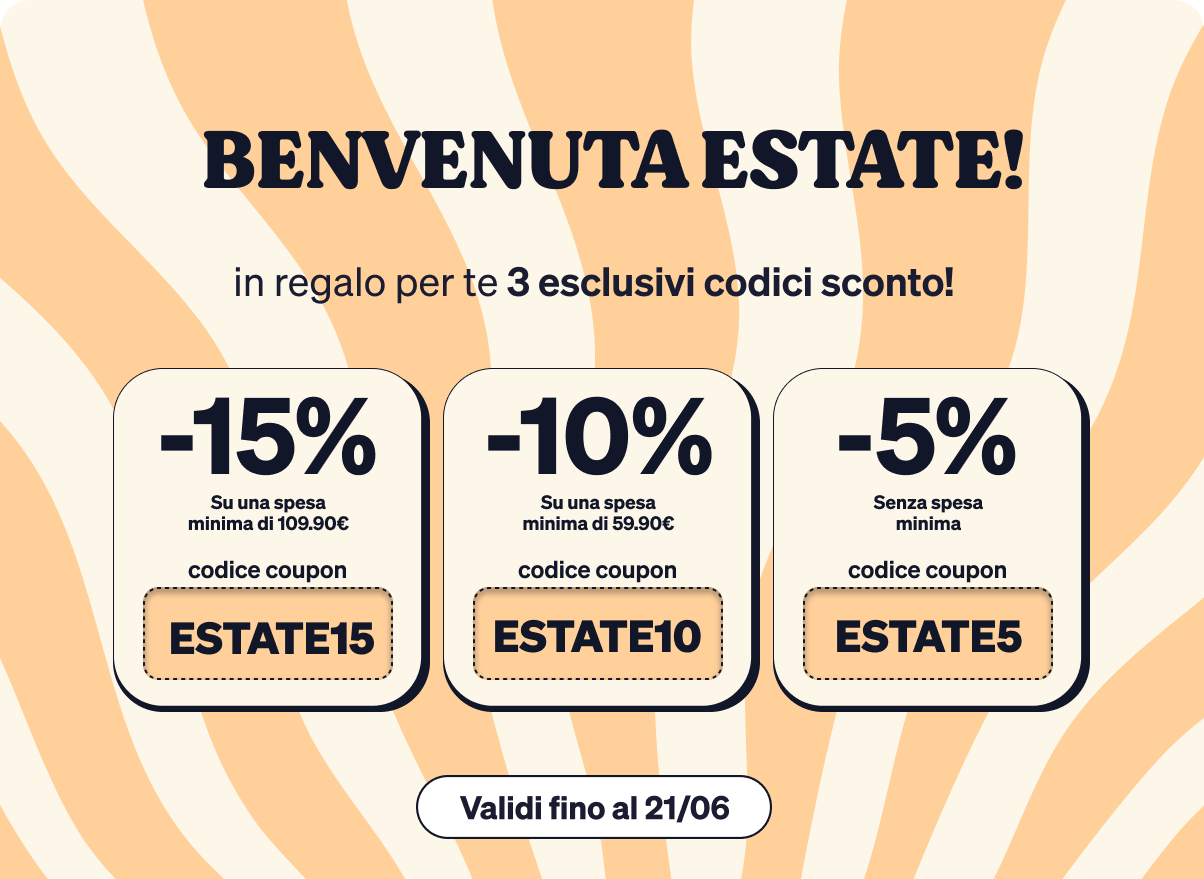Summer welcome promo banner with four coupon cards showing -15%, -10%, -5% discounts and codes ESTATE15, ESTATE10, ESTATE5