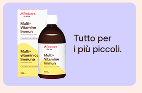 “Prodotto Redcare Multi-Vitamine Immuno per bambini su sfondo lilla. Testo: ‘Tutto per i più piccoli’.” “Prodotto Redcare Multi-Vitamine Immuno per bambini su sfondo lilla. Testo: ‘Tutto per i più piccoli’.”