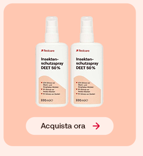 “Due confezioni di Redcare Insektenschutzspray DEET 50% (spray repellente per insetti) su sfondo rosa con pulsante ‘Acquista ora’.” “Due confezioni di Redcare Insektenschutzspray DEET 50% (spray repellente per insetti) su sfondo rosa con pulsante ‘Acquista ora’.”