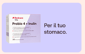 “Confezione Redcare Vita Probio 4 + Inulin su sfondo lilla. Testo: ‘Per il tuo stomaco’.” “Confezione Redcare Vita Probio 4 + Inulin su sfondo lilla. Testo: ‘Per il tuo stomaco’.”