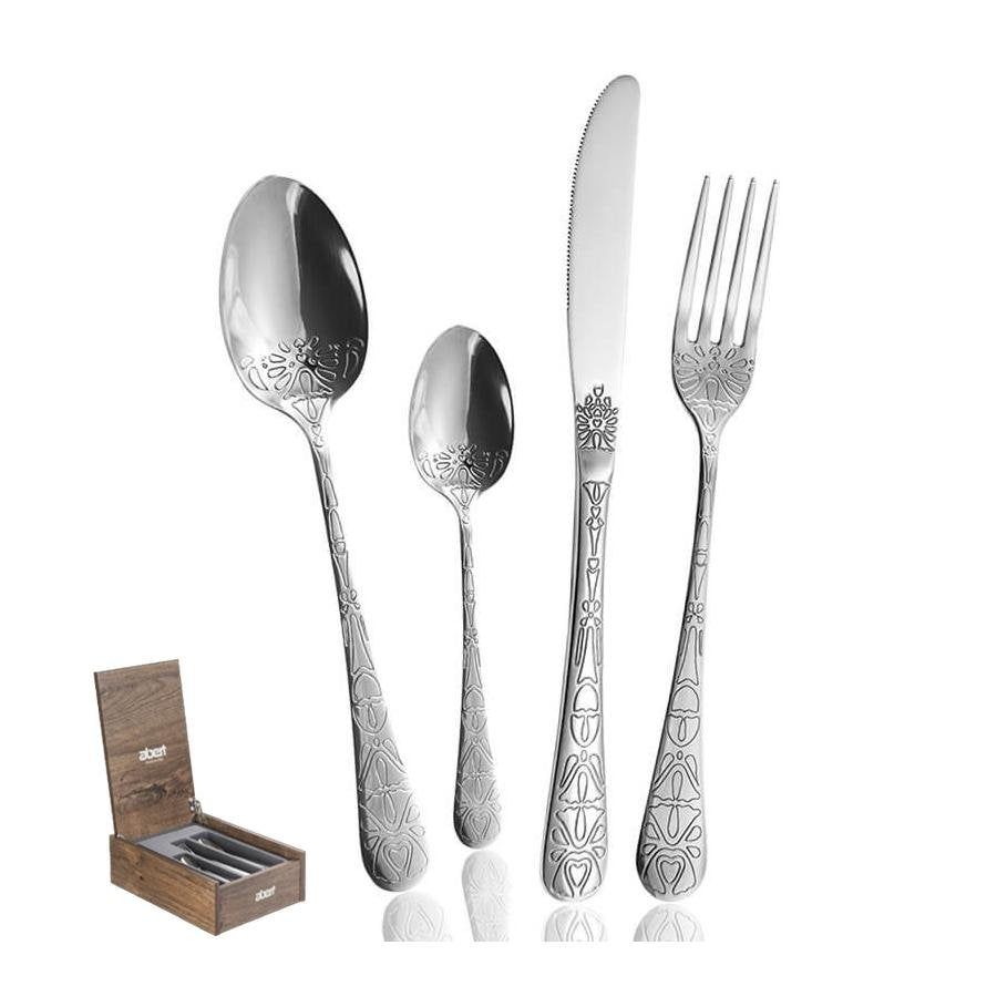 Tattoo Stainless Steel Cutlery Set - Set 24 Pieces - Polished / Wooden Box