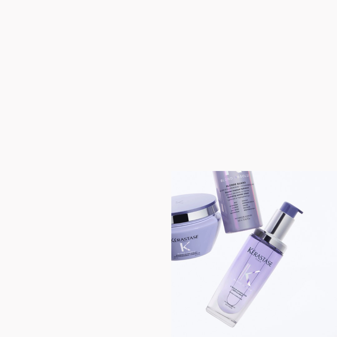 La routine Blond Absolu sospeso su sfondo viola.