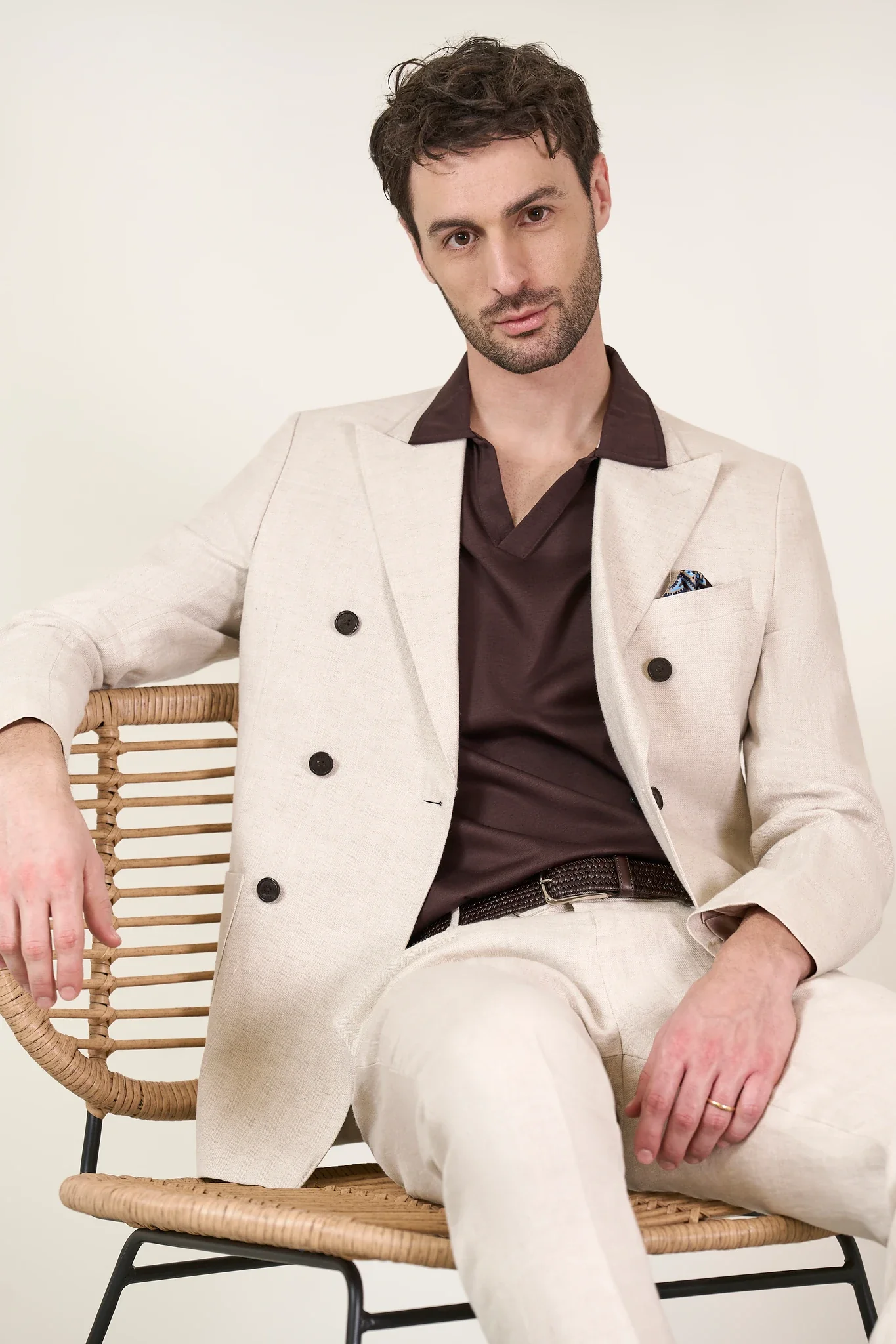 Image of Giacca beige naturale doppiopetto lino custom fit