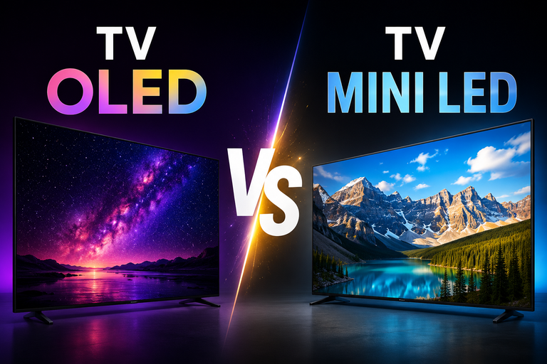 Split-screen comparison: TV OLED left with vivid purple galaxy; TV Mini LED right with bright mountain lake landscape
