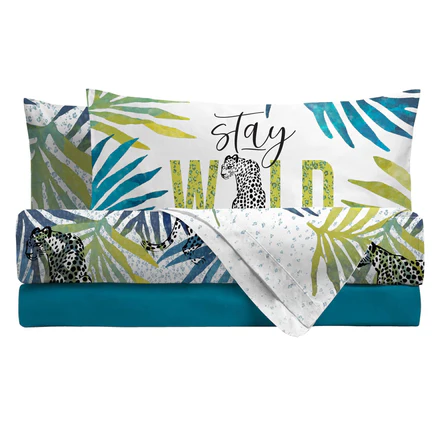 Completo Letto Copriletto Matrimoniale in Cotone con Stampa Digitale - Fantasia Nahele Turchese