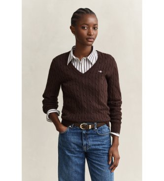 Maglione a trecce con scollo a V in cotone elasticizzato marrone