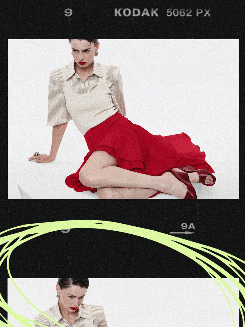 Collage of vintage fashion photos showing diverse models in summer and resort outfits, beach scenes, film frames and neon scribbles