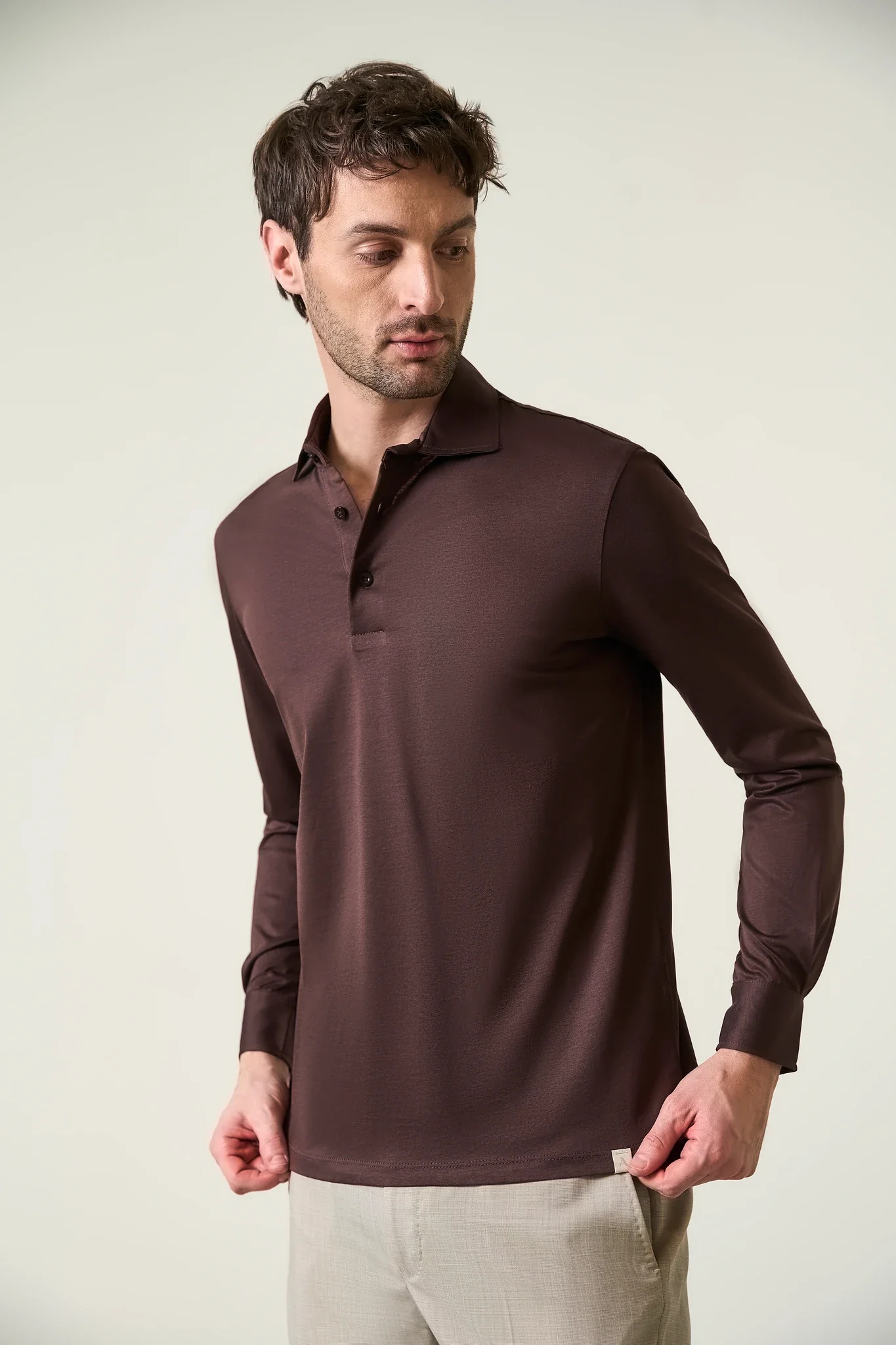 Image of Polo camicia marrone jersey