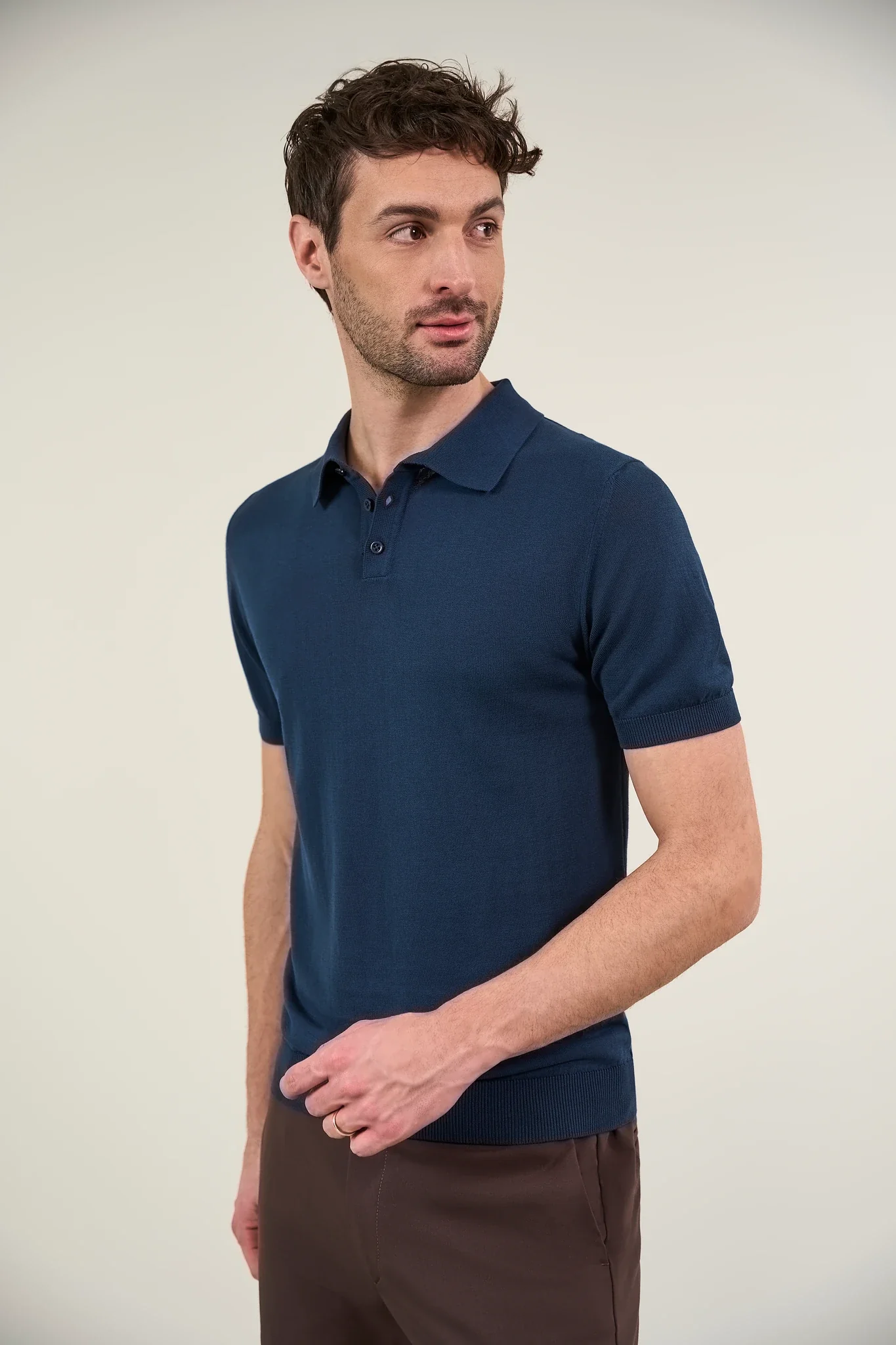 Image of Polo blu cotone tricotina crepe