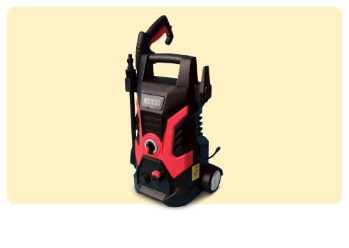 Red and black portable electric pressure washer on wheels with spray gun and hose storage