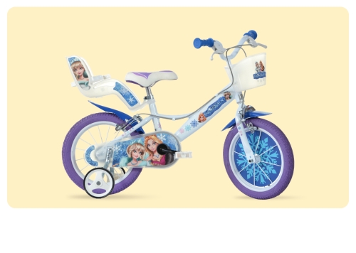 White and purple children's Frozen-themed bicycle with training wheels, front basket and rear seat featuring Elsa and Anna and snowflake graphics