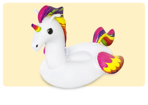 White inflatable unicorn pool float with rainbow mane, horn and winged fins on pale yellow background
