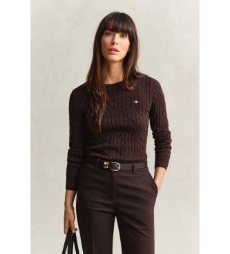 Maglione a girocollo con lavorazione a trecce in cotone elasticizzato marrone
