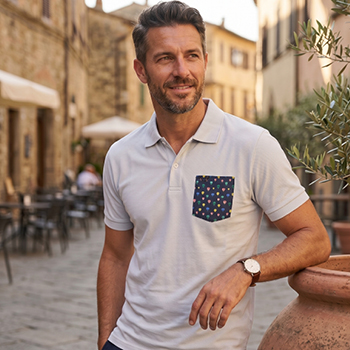 Middle-aged man in white polo with patterned chest pocket leaning on terracotta pot at sunny Mediterranean-style street cafe
