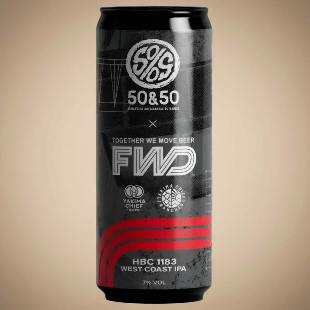 A can of 50&50 West Coast IPA beer with "FWD" and "TOGETHER WE MOVE BEER" text.