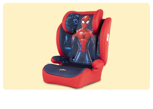Red and navy child's booster car seat featuring a large Spider-Man graphic and safety padding