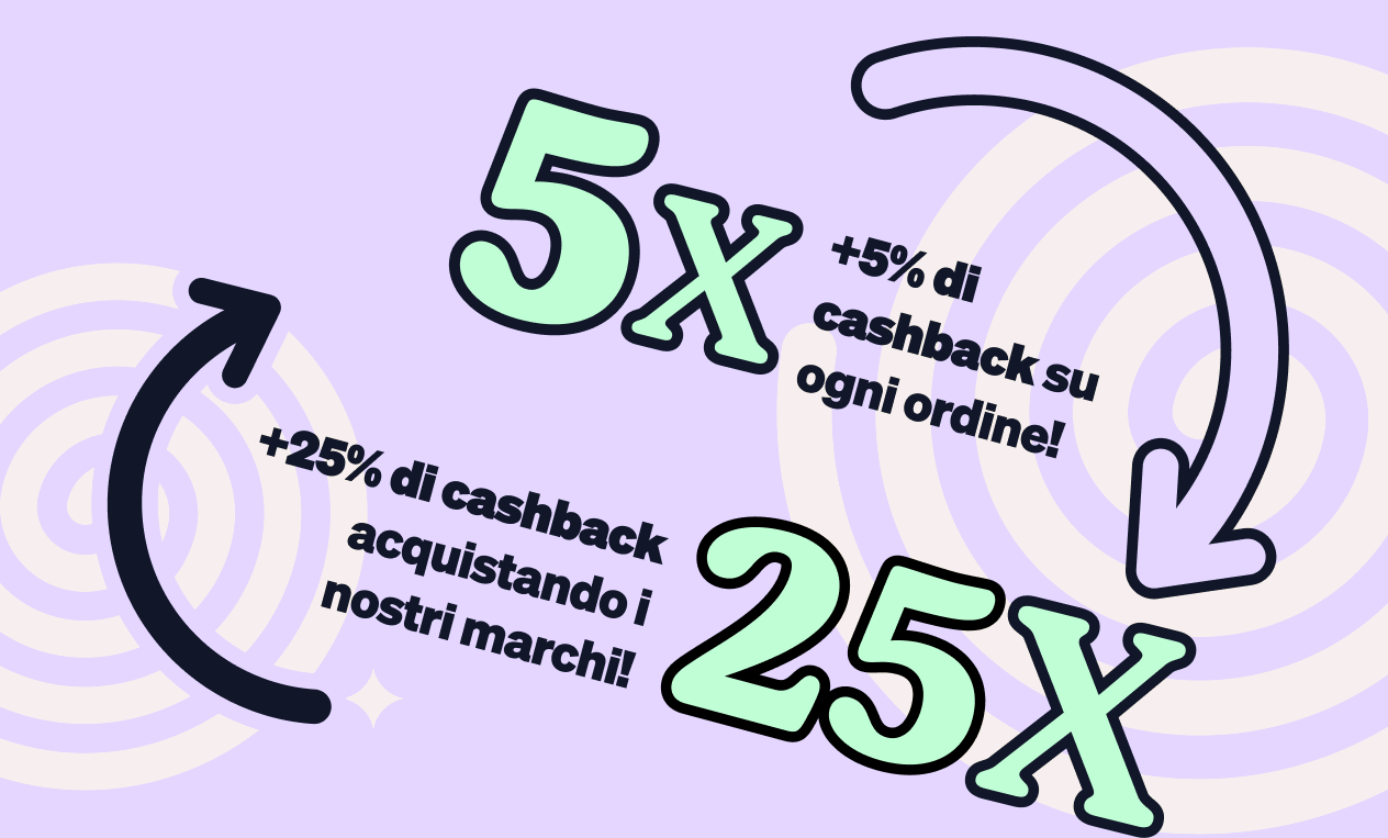 Promotional purple banner showing repeated 5X and 25X cashback graphics with circular arrows and Italian text about extra cashback