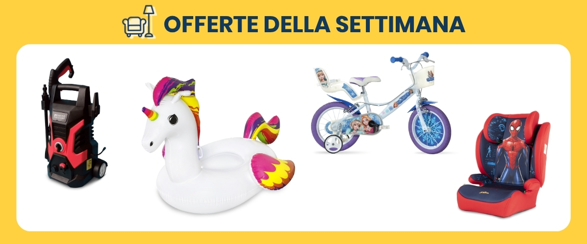Weekly deals banner showing pressure washer, inflatable unicorn pool float, children’s bike with training wheels, and Spider-Man booster seat