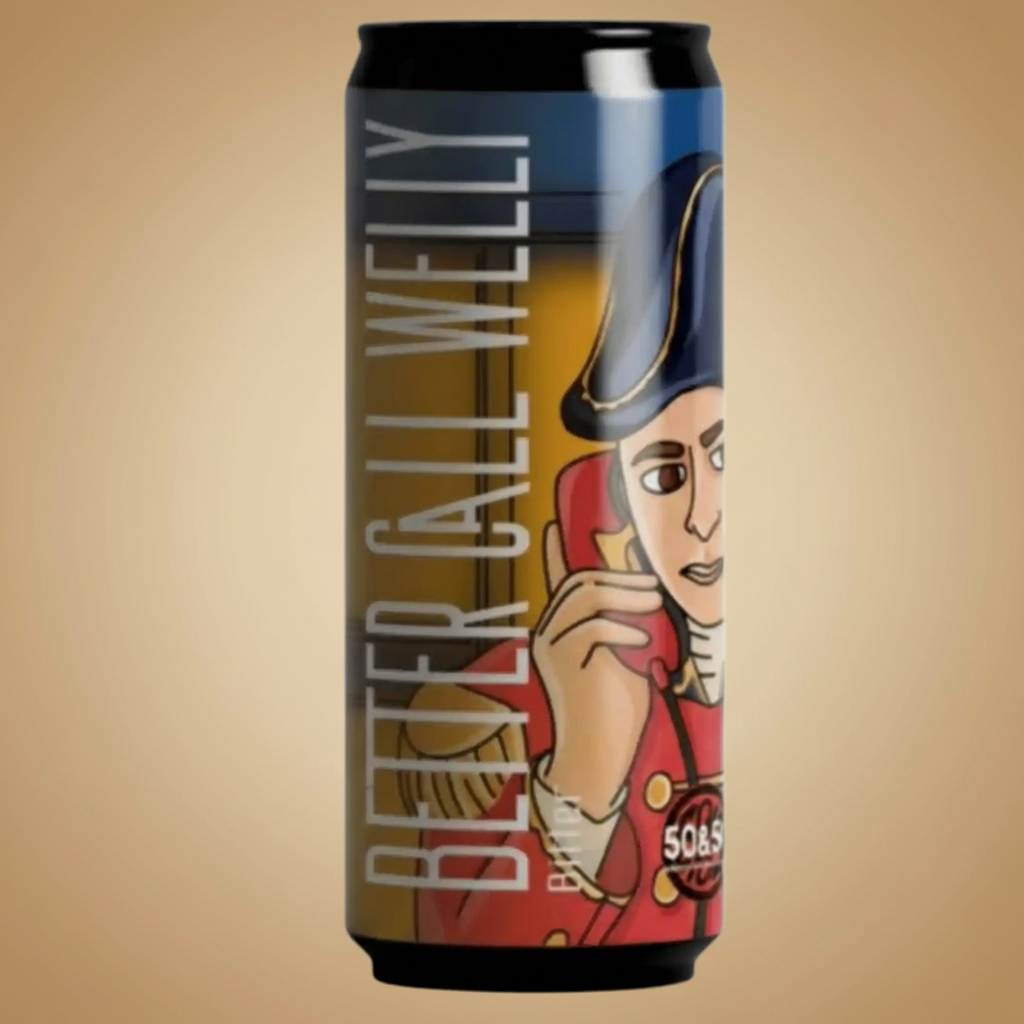 A beer can with a cartoon of a man in a red coat and hat holding a phone.