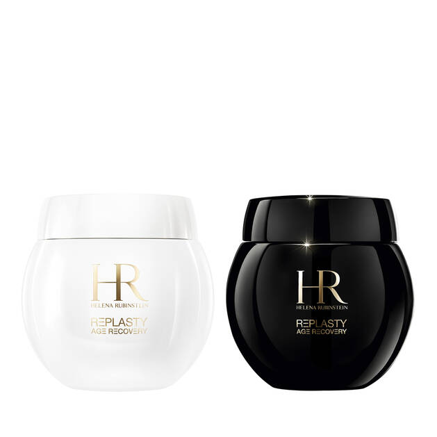 Bottiglia verde Powercell Essence e vasi de Age Recovery Night & Day su uno sfondo bianco 