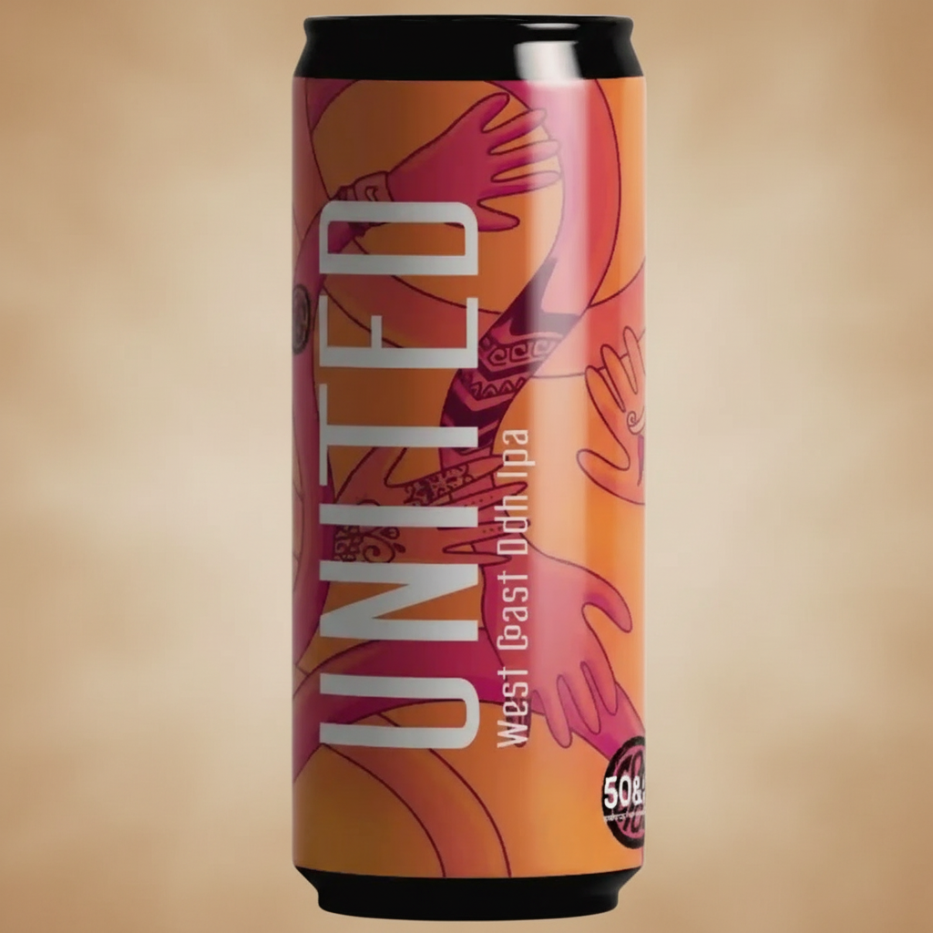 A can of "United West Coast Ddh Ipa" beer with an orange and pink design of hands.