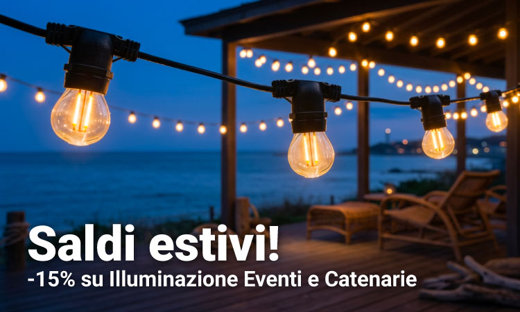 Warm bulb string lights over a seaside wooden deck at dusk, outdoor event and patio lighting; summer sale 15% off