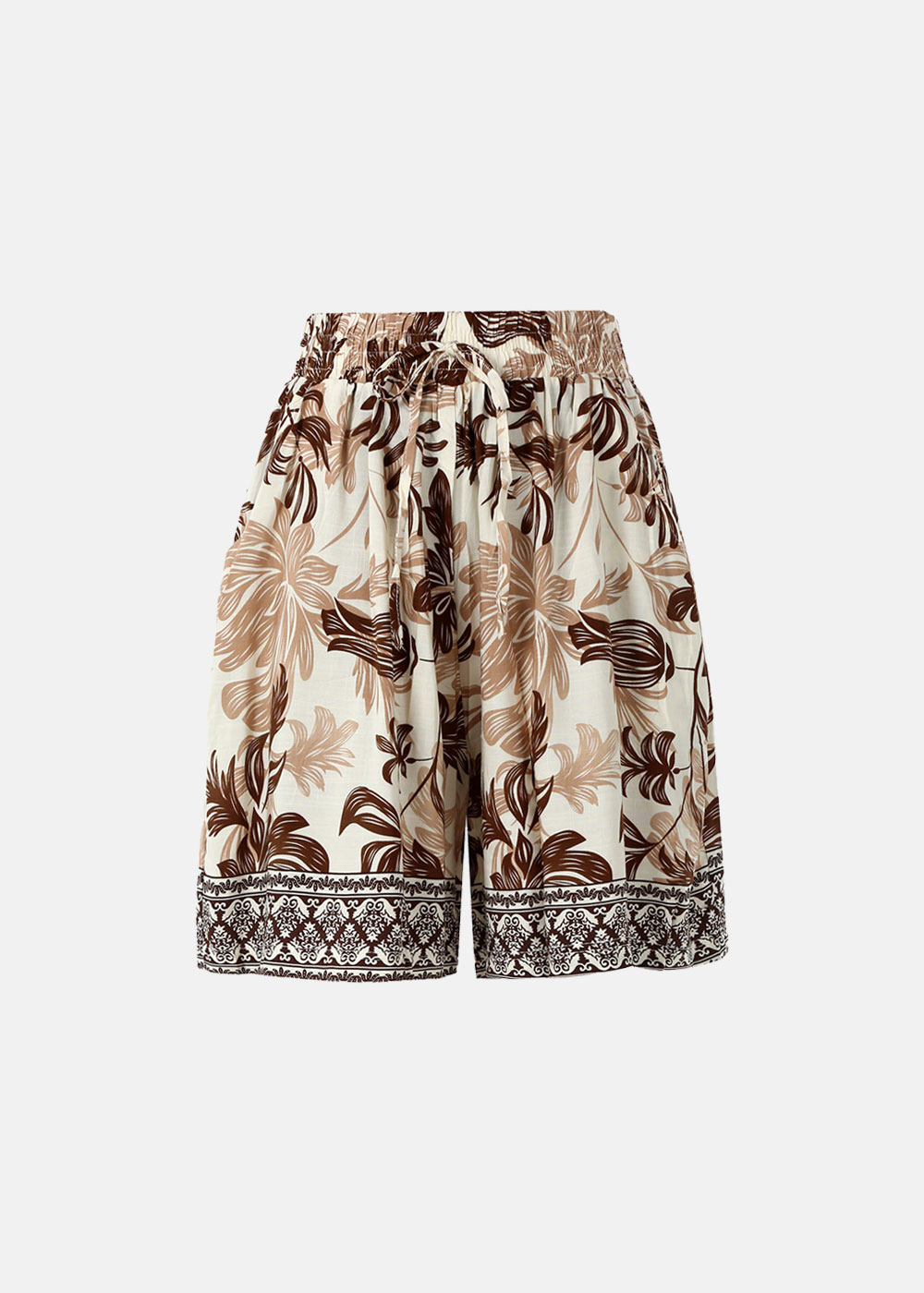 Beige and brown floral-print women's elastic-waist shorts with drawstring and decorative border hem, lightweight summer shorts