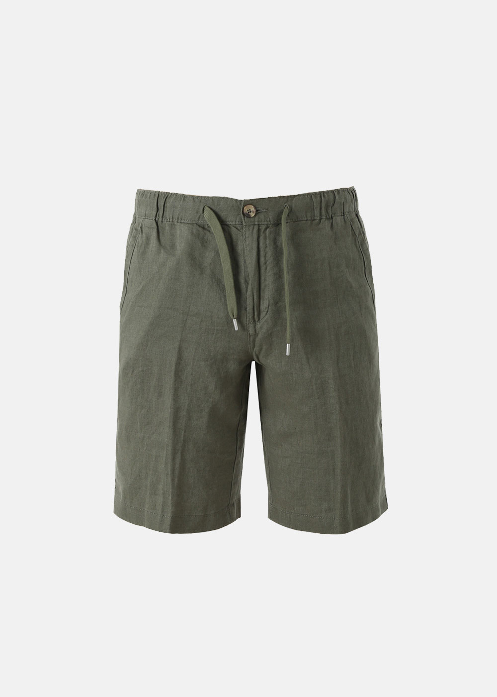 Men's olive green linen drawstring shorts with button waist and side pockets on white background