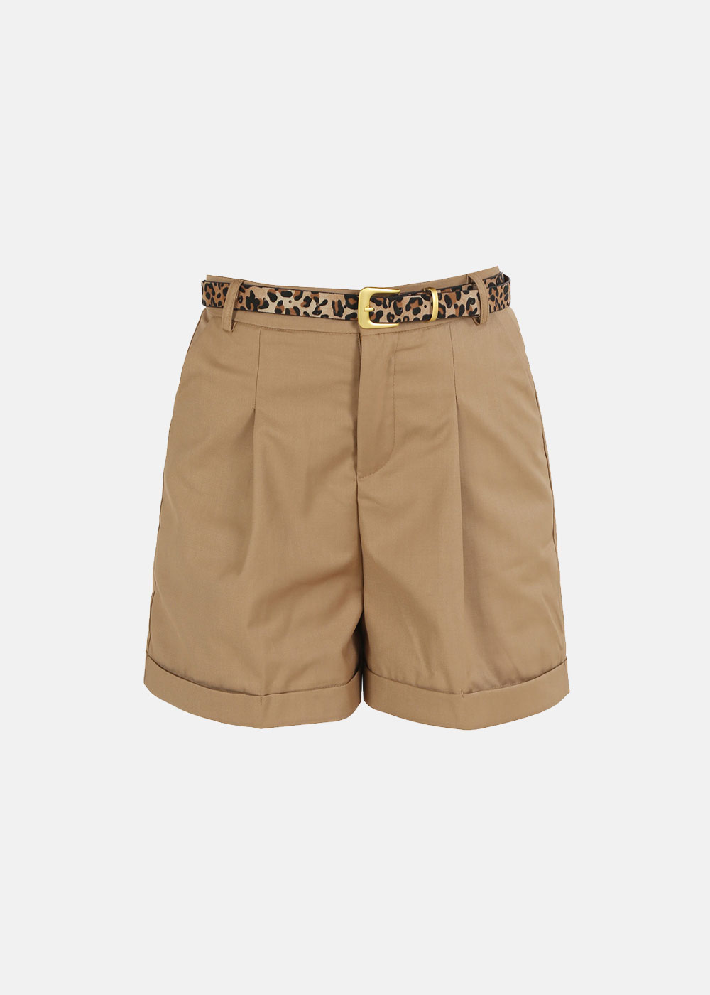 Beige women's tailored high-waist shorts with rolled hems, leopard-print belt and gold buckle on white background