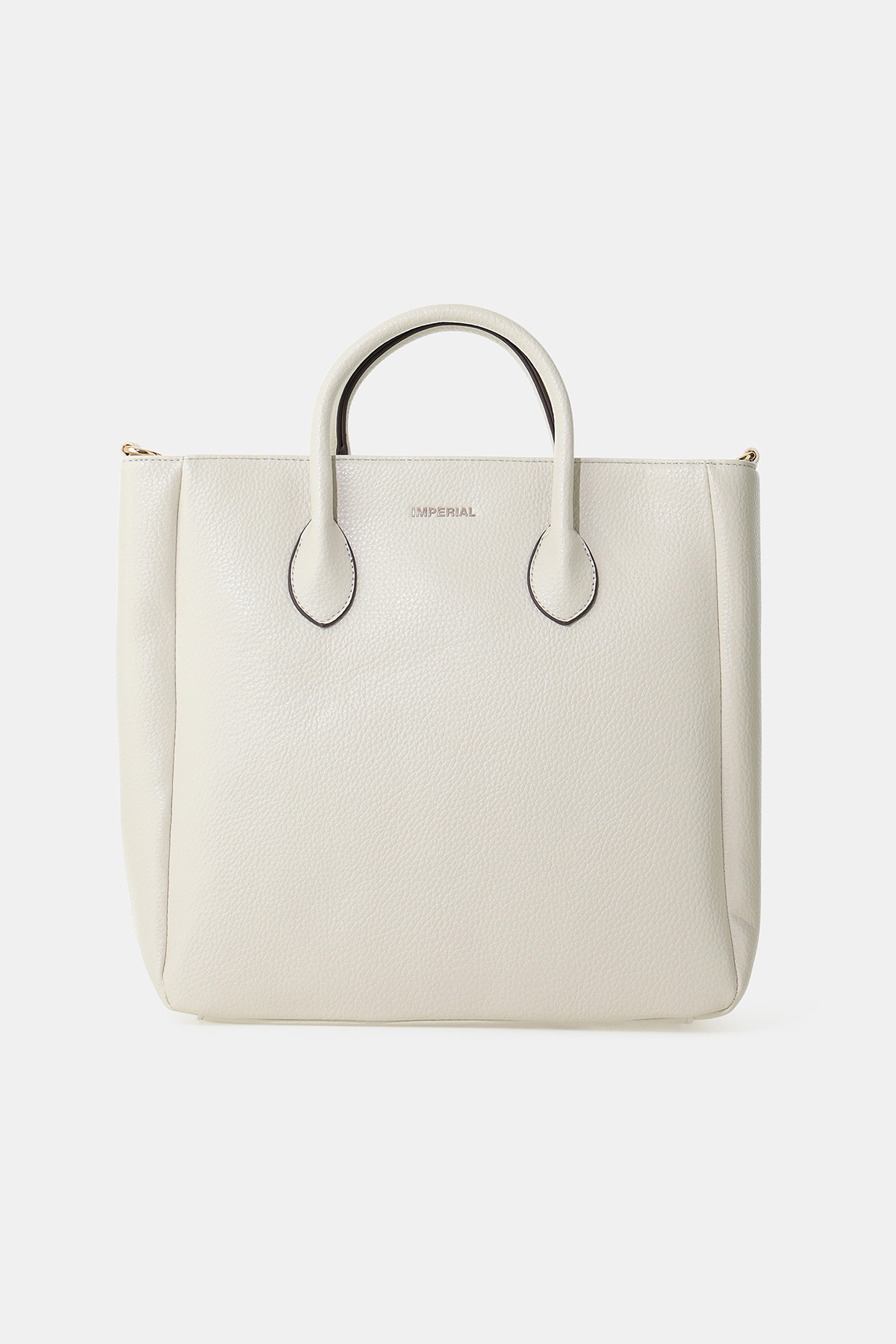 Cream pebbled leather tote bag with double rounded top handles, subtle gold logo and zip closure, structured handbag
