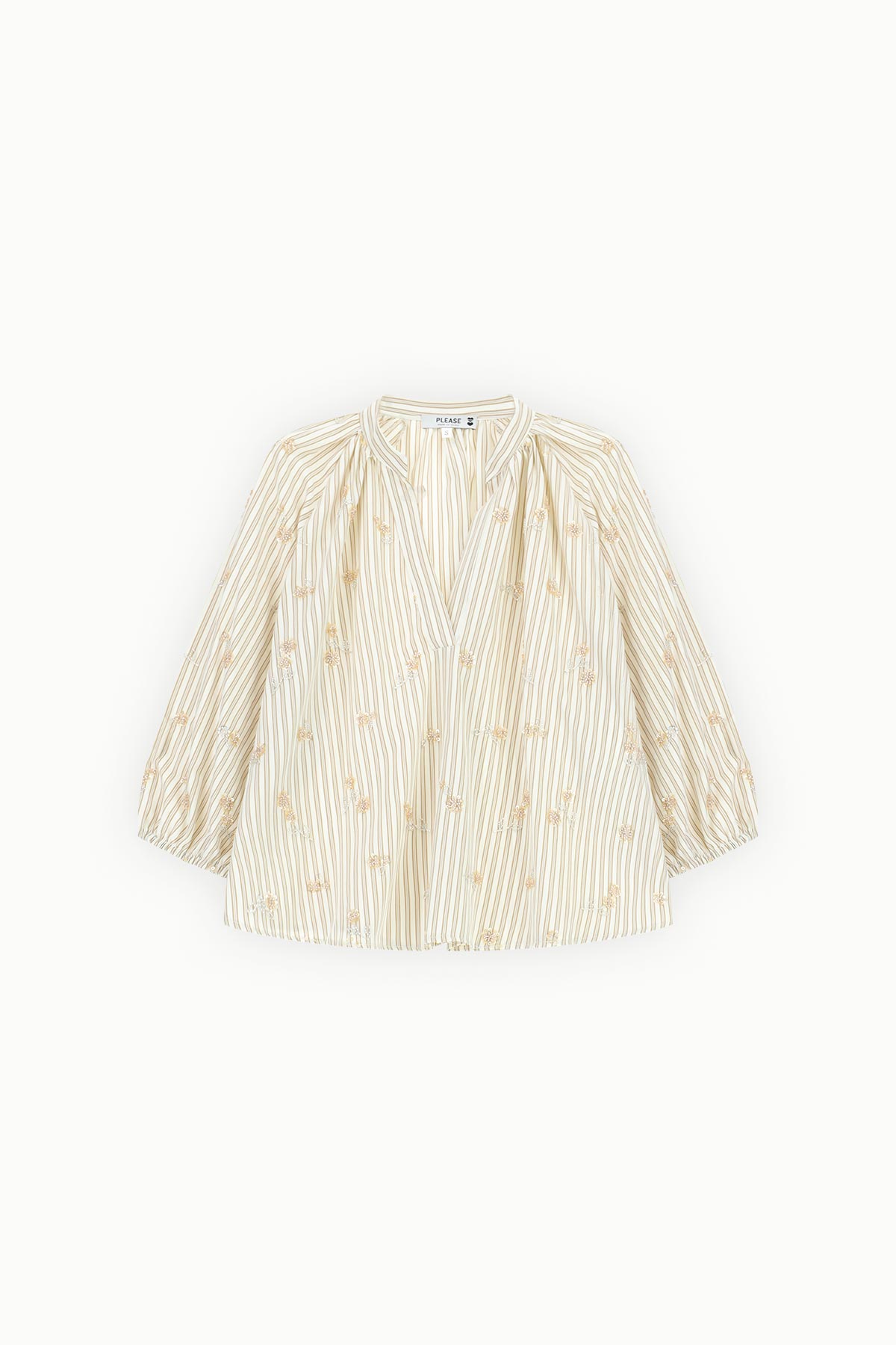 Cream and beige vertical-striped women's blouse with delicate gold floral embroidery, V-neck, gathered yoke and three-quarter puff sleeves