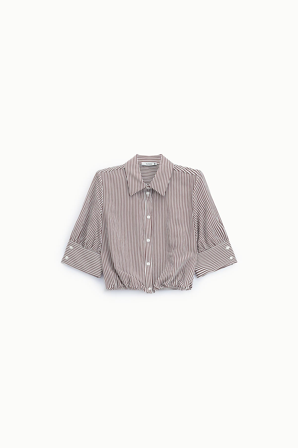 Women's cropped button-up shirt with brown and white vertical stripes, three-quarter sleeves and gathered tie hem, laid flat