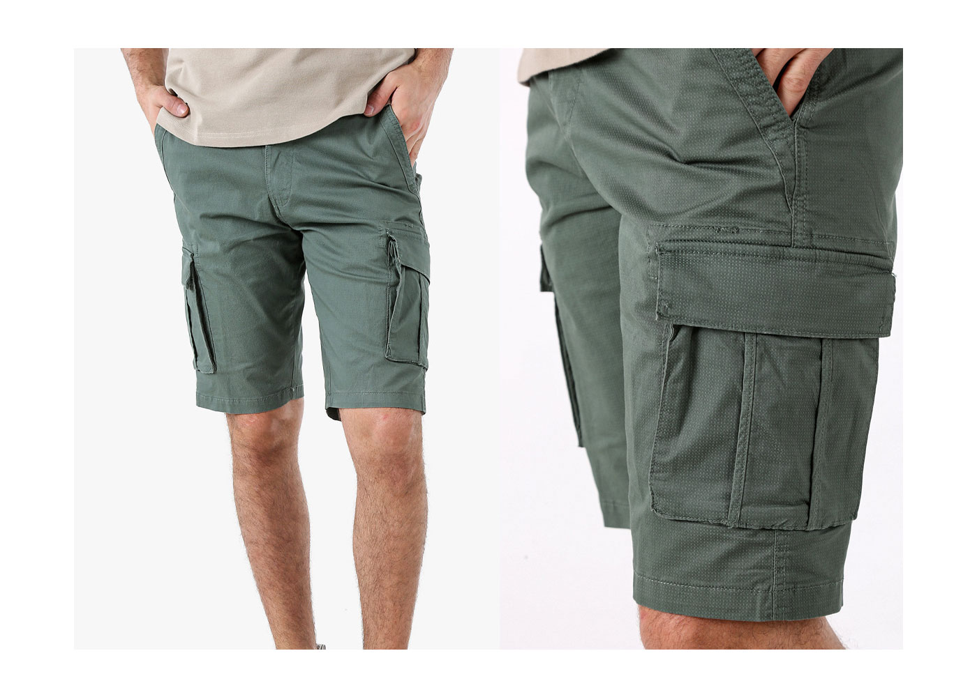 Men's green cargo shorts on model with side flap pockets, knee-length casual summer shorts, close-up detail