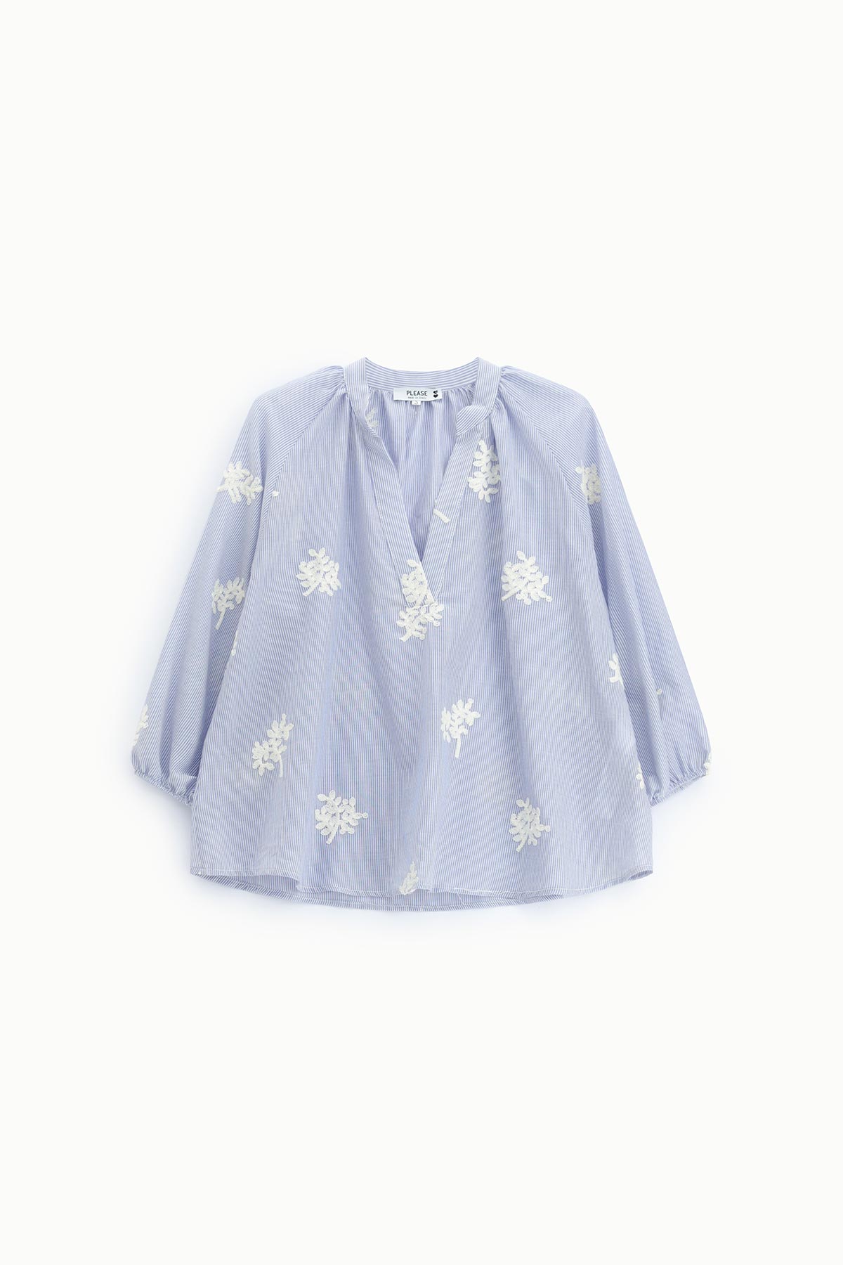 Blue and white striped women's blouse with V-neck, 3/4 puff sleeves and white floral embroidery