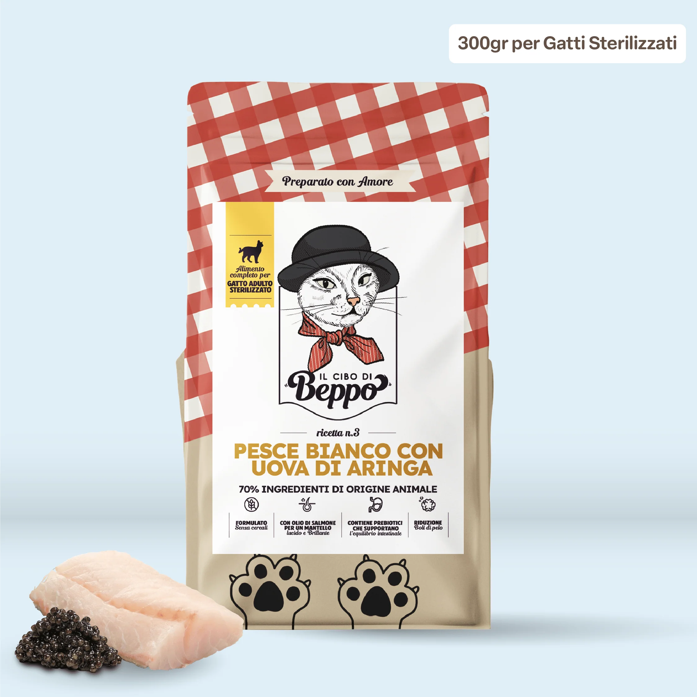 Image of Il Cibo di Beppo - Crocchette per Gatti Sterilizzati - Ricetta Grain Free - Formulata senza grano e senza glutine - Alimento Completo - 300g