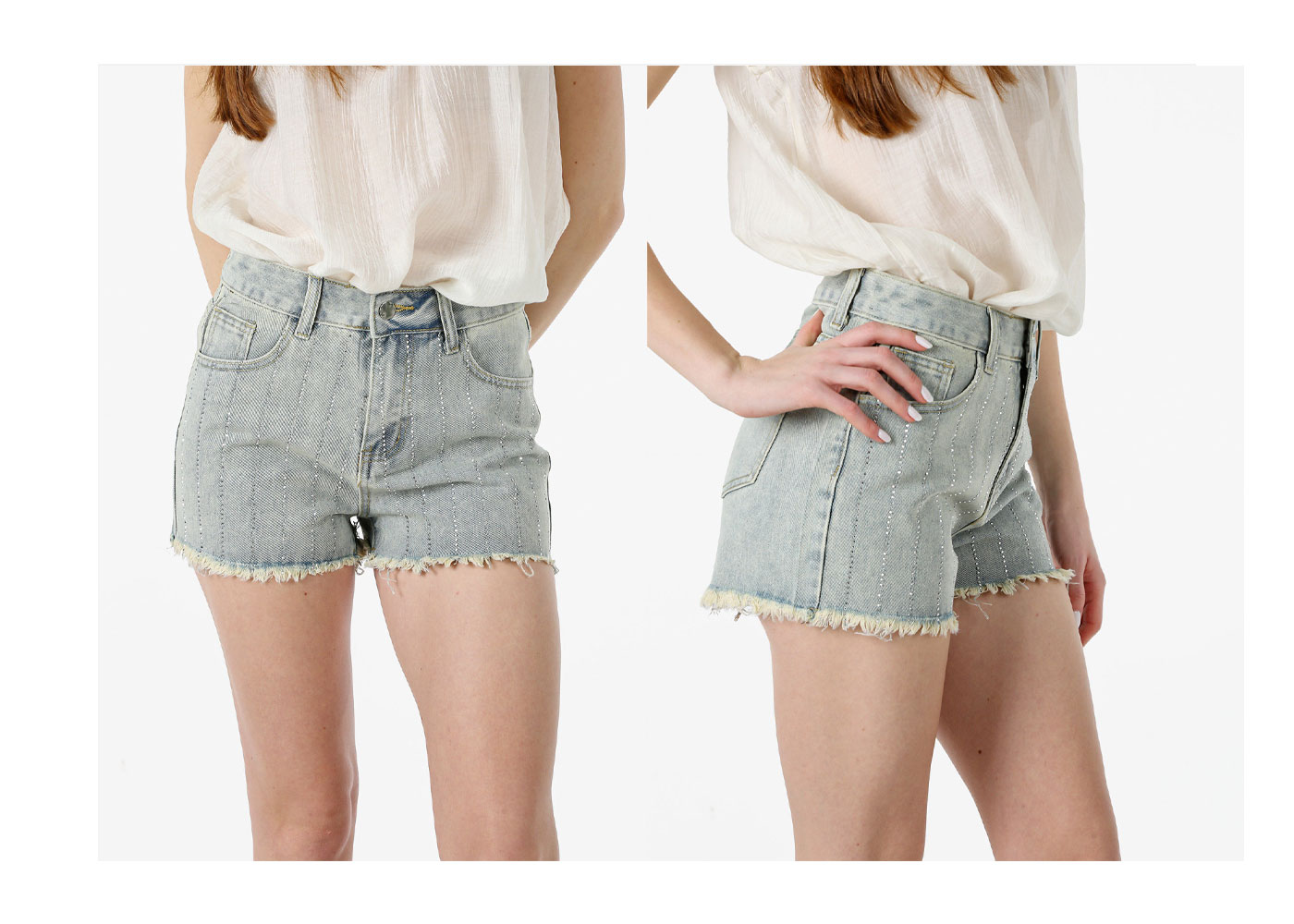 Front and side views of women's light-wash high-waisted denim shorts with frayed hem worn with a white blouse, model posing