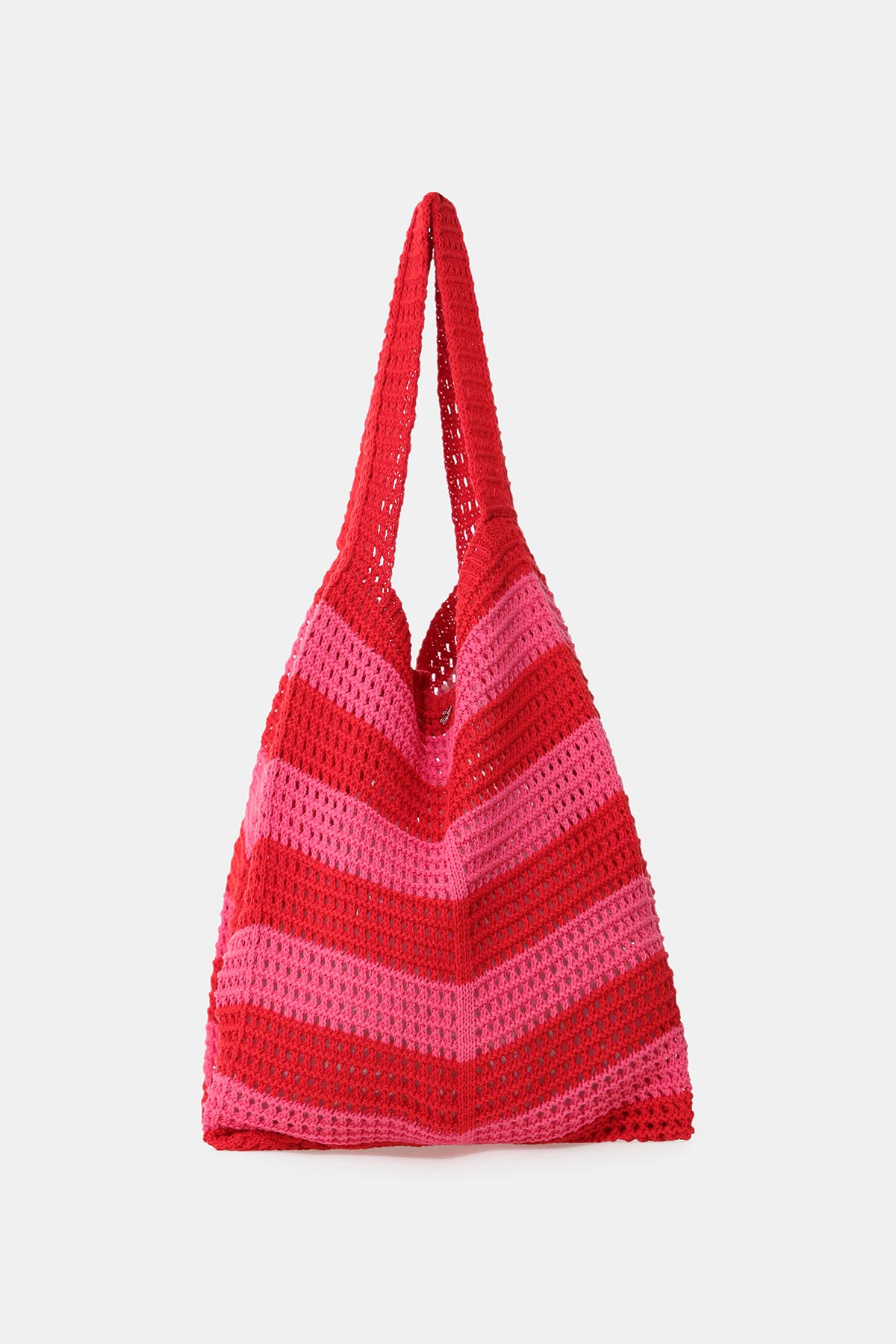 Handmade crochet tote bag with red and pink horizontal stripes and a single shoulder strap on plain white background
