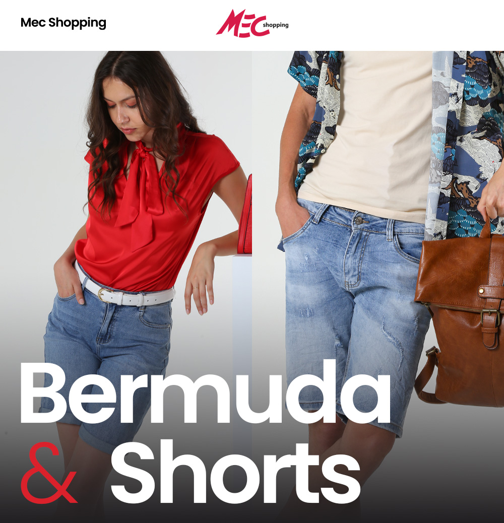 Two models wearing denim Bermuda shorts: woman in red top with white belt; man in patterned shirt holding brown leather bag