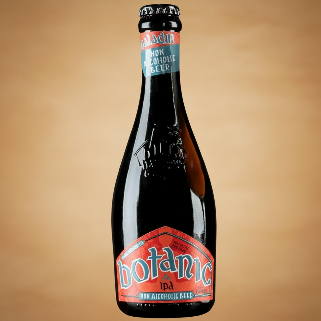 A bottle of Botanic IPA non-alcoholic beer with a red and blue label.