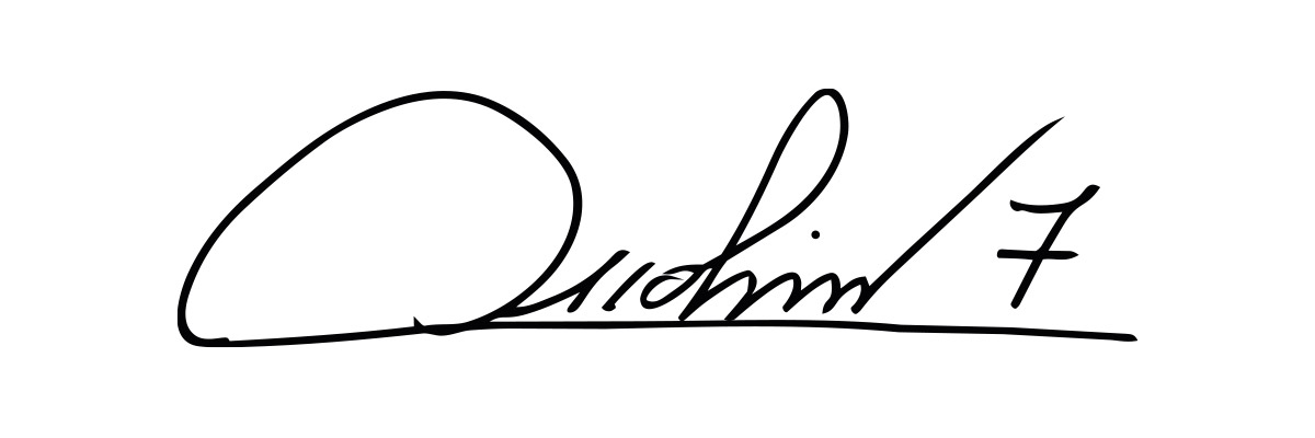 Black stylised handwritten signature with long underline and digit 7 on a white background