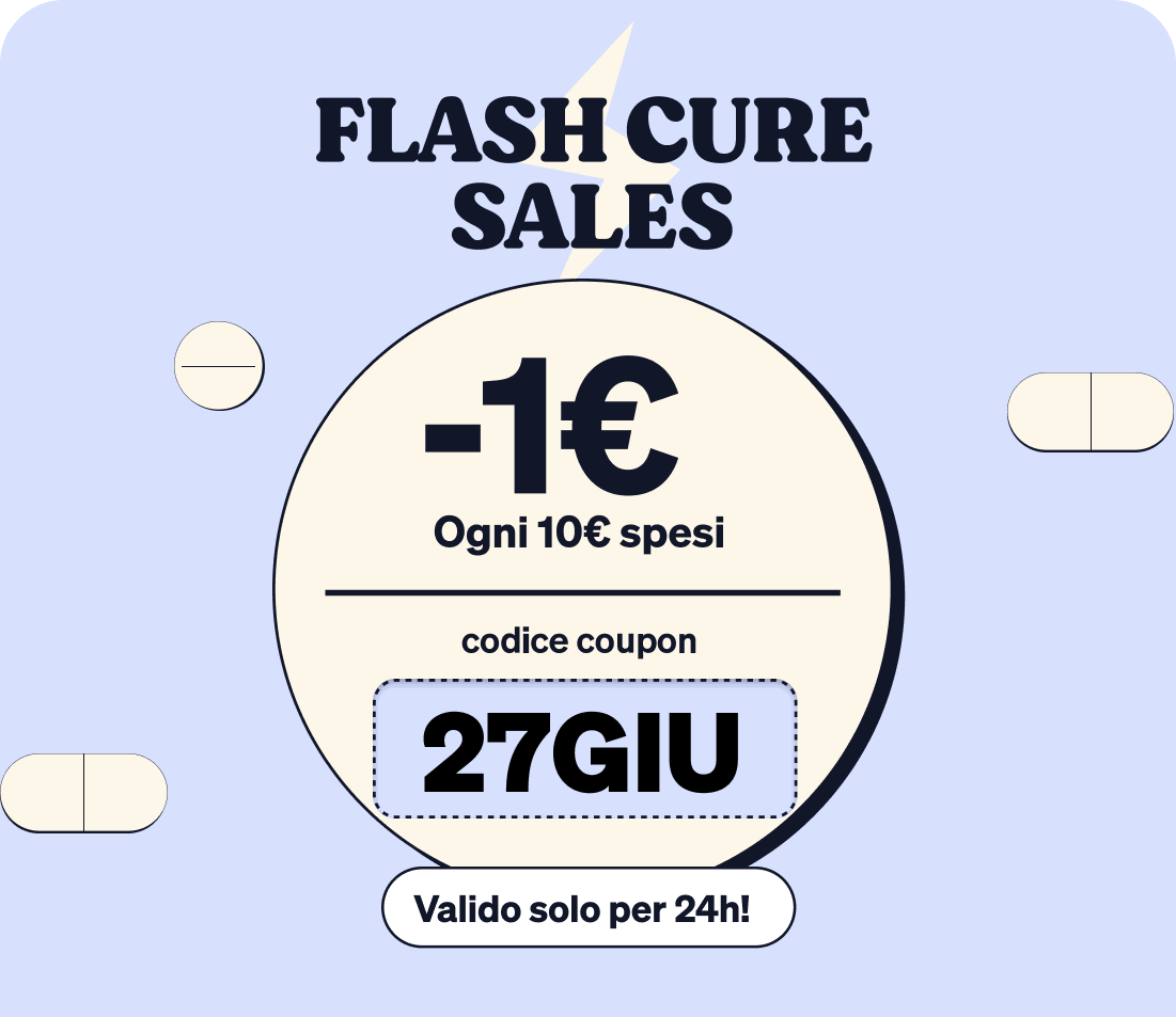 Promotional banner 'Flash Cure Sales' offering €1 off every €10 spent with coupon code 27GIU, 24-hour validity, pale blue background with pill graphics