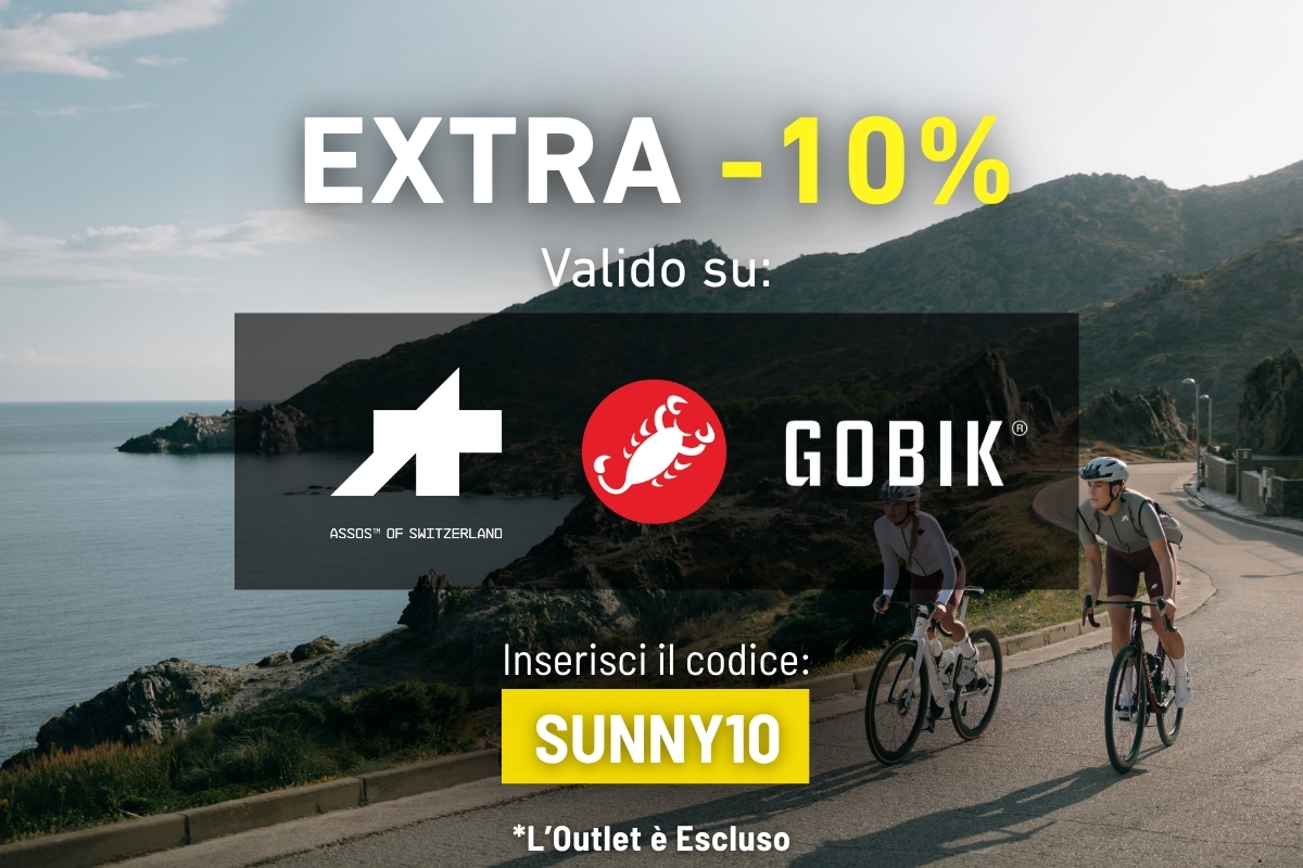 Promotional banner: extra 10% off cycling apparel from Assos and Gobik with code SUNNY10, two cyclists on a coastal road