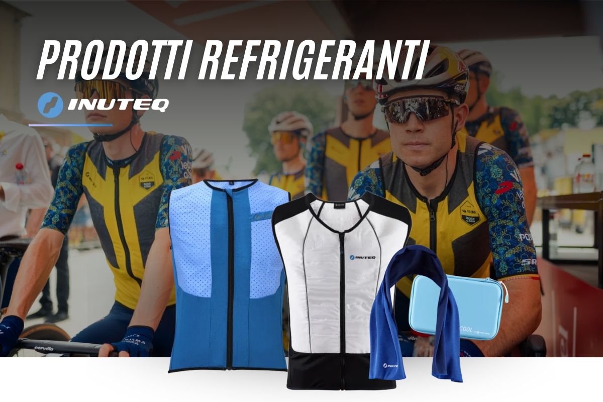 Cyclists behind Inuteq cooling products: blue perforated cooling vest, white/black cooling vest, blue cooling towel and pouch