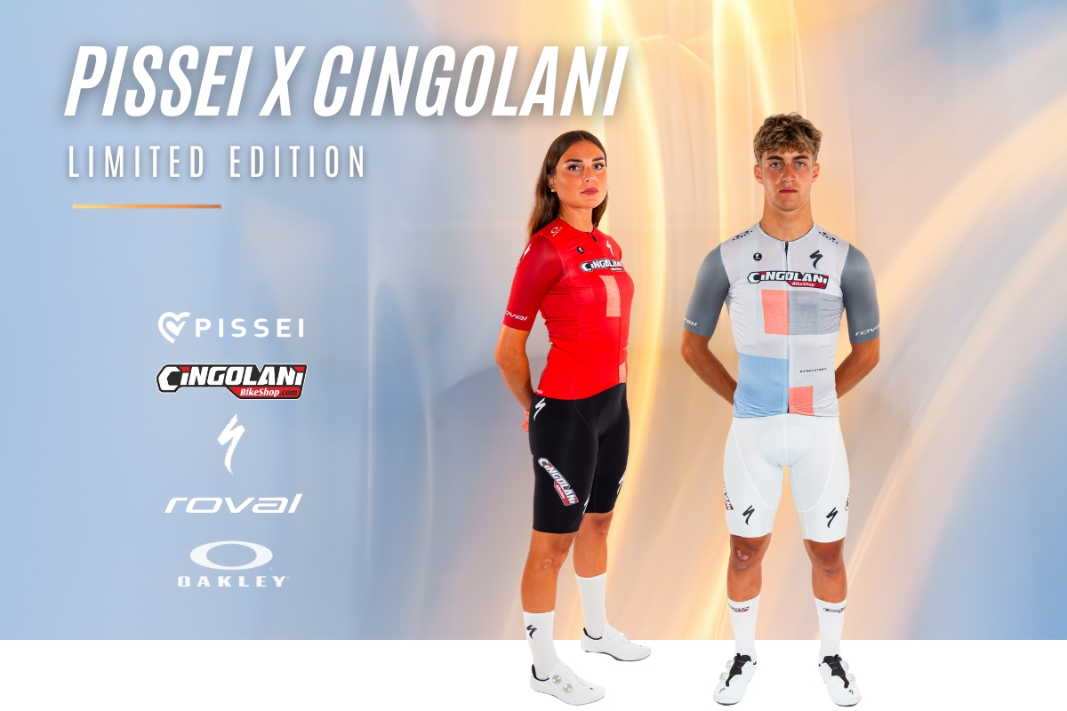 Two cyclists modelling limited-edition Pissei x Cingolani cycling kits, female in red and male in white with visible brand logos