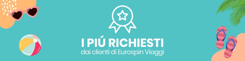 Turquoise summer banner with ribbon badge, beach ball, sunglasses and flip‑flops, showing Italian headline 'I più richiesti dai clienti di Eurospin Viaggi'