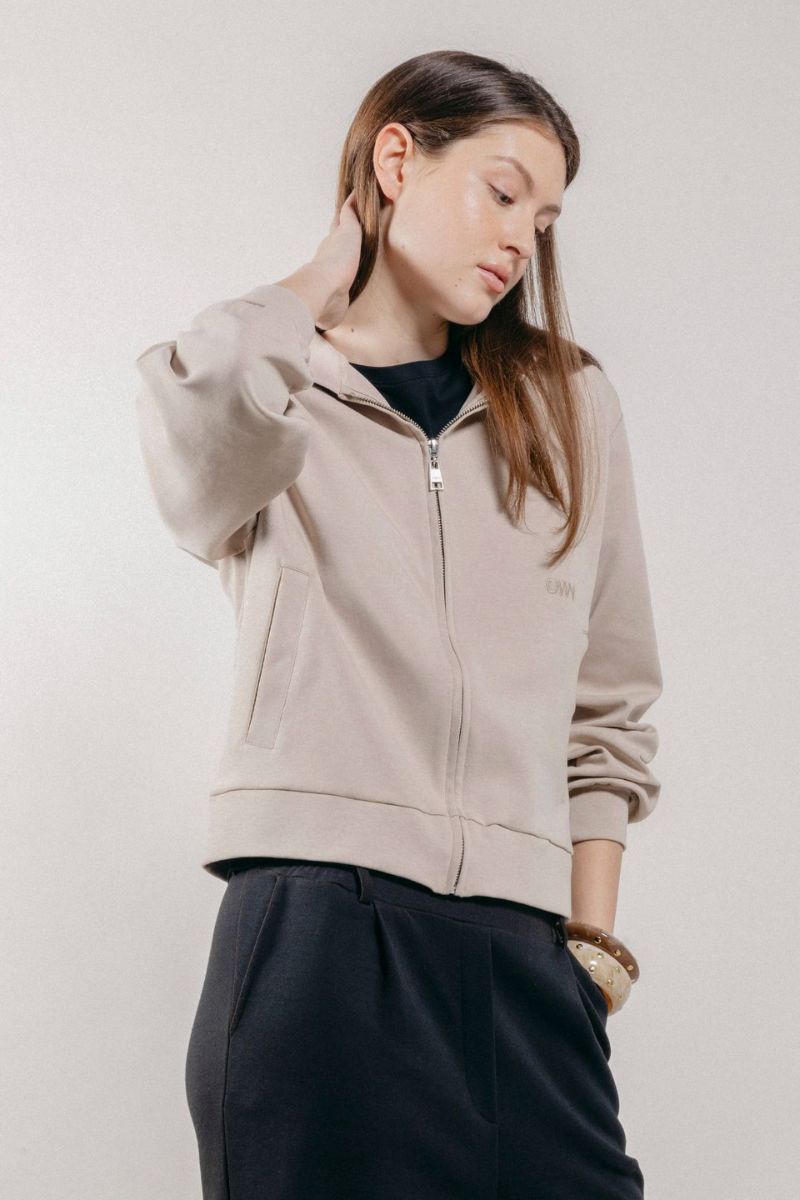 Felpa con Cappuccio e Zip in Interlock Beige